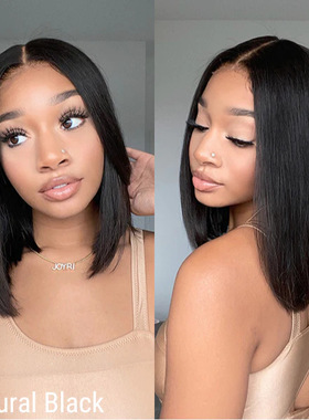 lace Human hair full headgear short straight wig真人全头假发