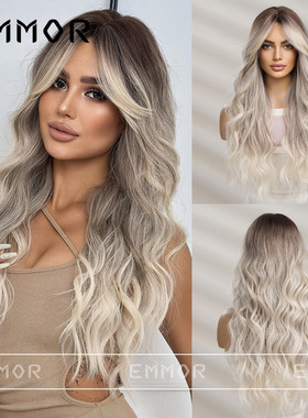 欧美中分黑色渐变灰色长卷发假发black grey crimp long hair wig