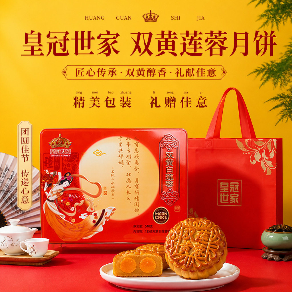 皇冠世家双黄白莲蓉味月饼礼盒广式经典铁盒4个装中秋送人礼品