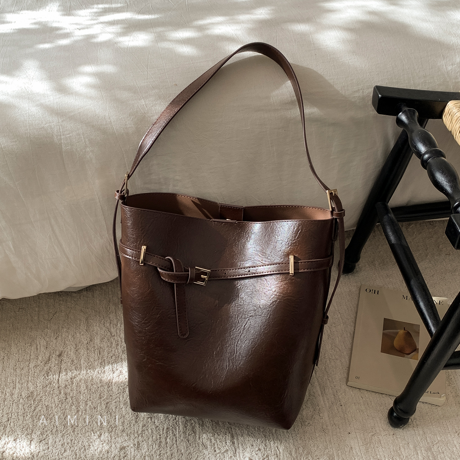 复古质感水桶包女单肩腋下包