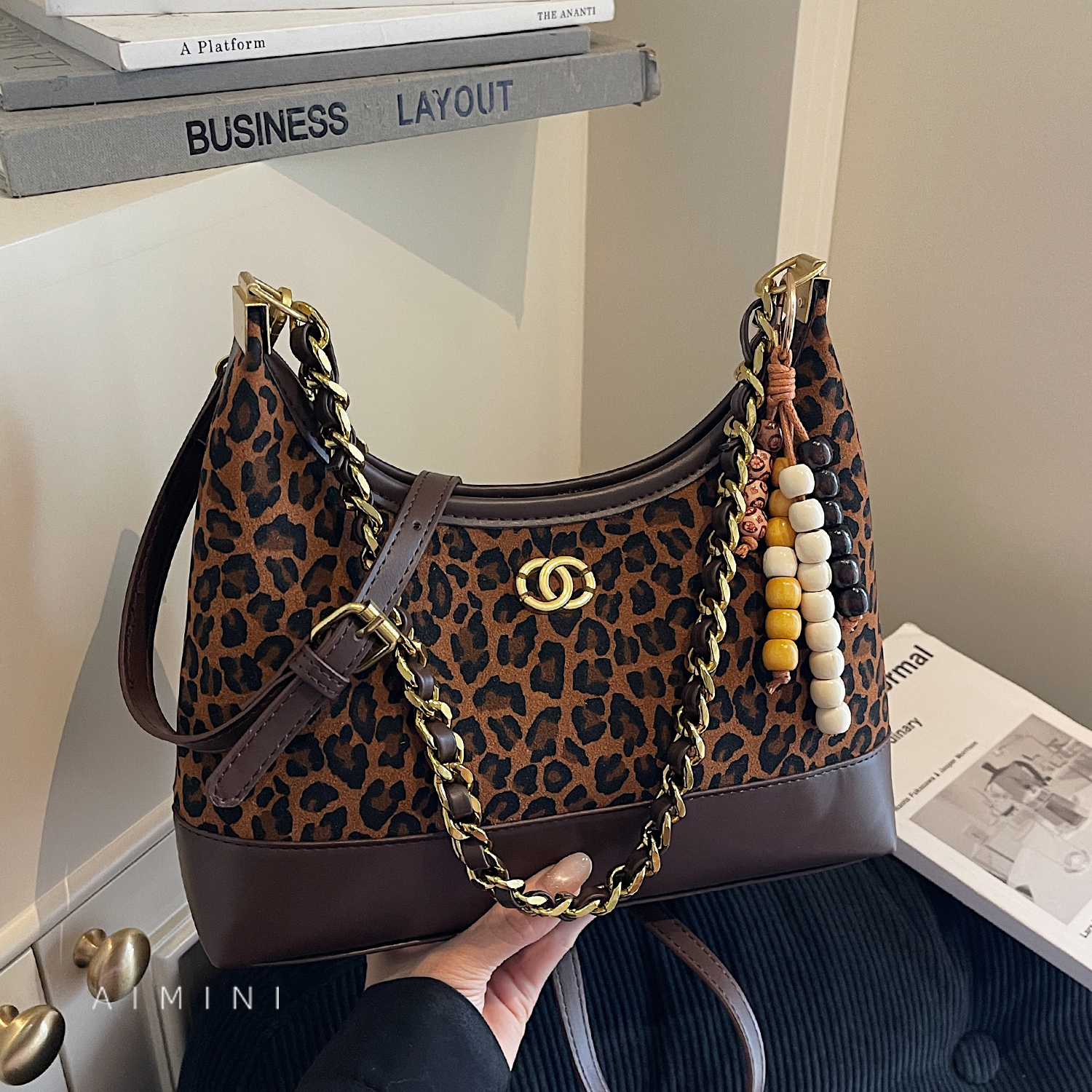 高级感豹纹链条腋下包女斜挎包