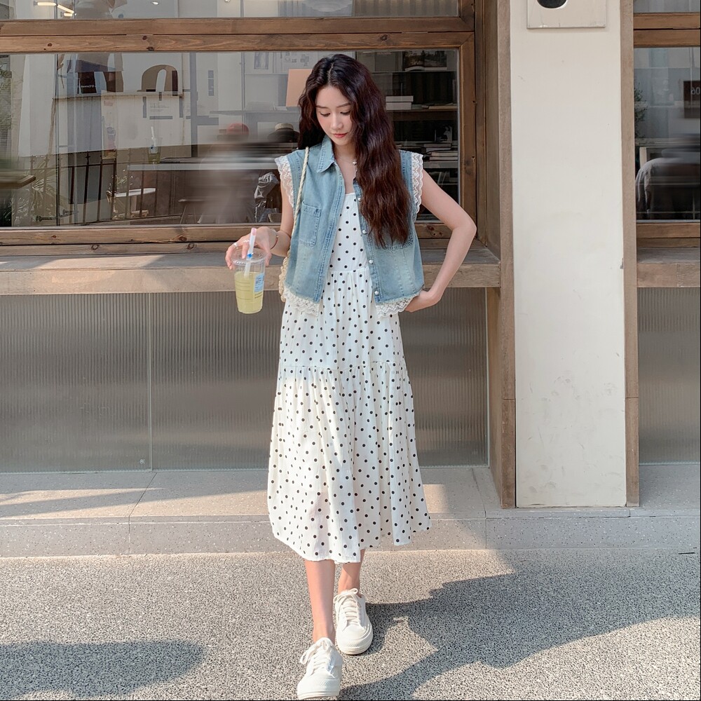 温柔穿搭薄款牛仔马甲连衣裙女夏新款显瘦波点吊带长裙,女装连衣裙,2C036