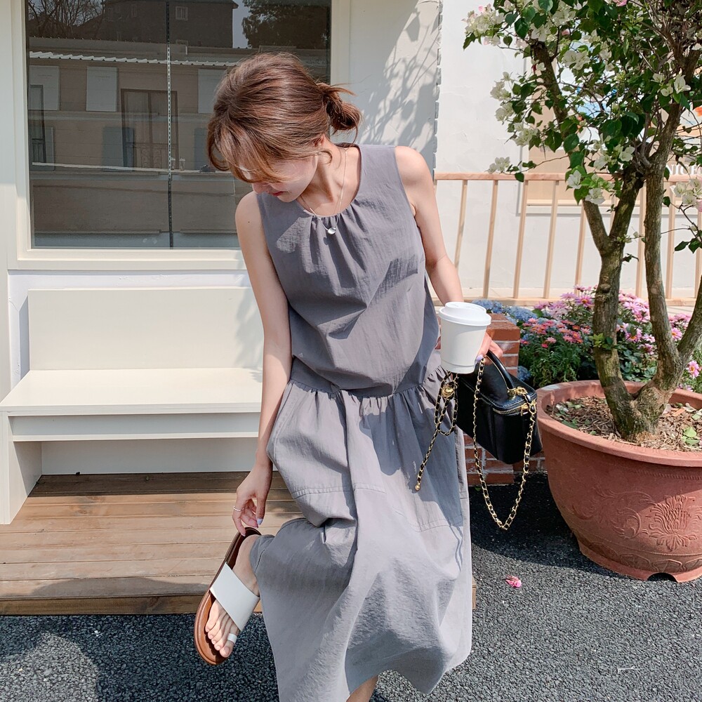 灰色法式气质无袖背心连衣裙女2025夏季新款高级感简约宽松长裙潮,女装连衣裙,2C036
