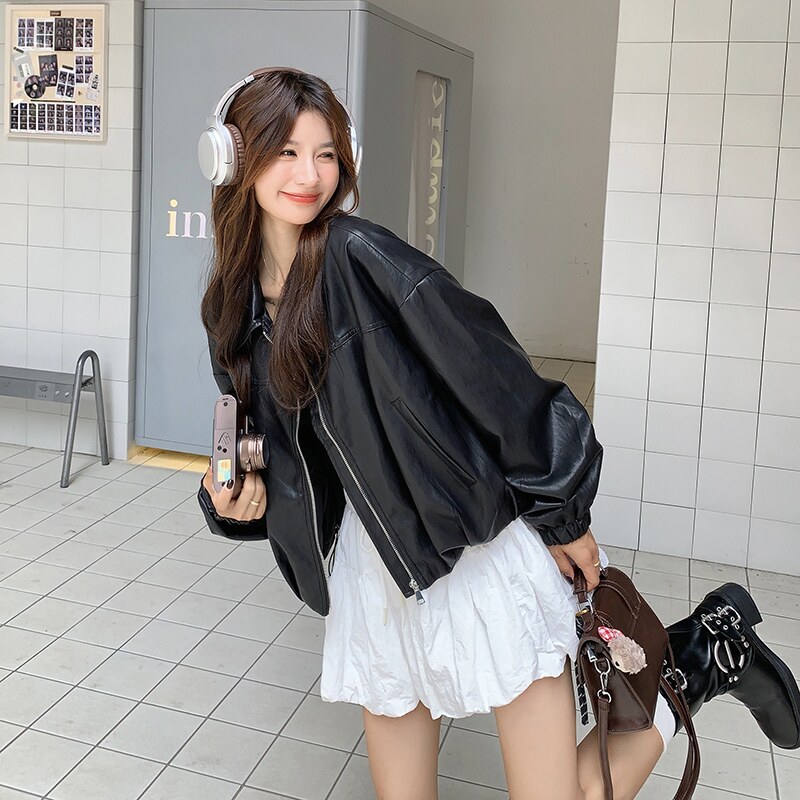 黑色复古皮衣外套女2025秋季新款甜酷高级感休闲显瘦PU皮机车夹克,女装皮衣,2C036