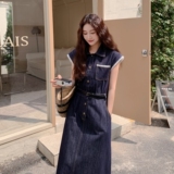 法式复古小飞袖牛仔连衣裙女2025夏季新款高级感时尚收腰显瘦长裙，女装连衣裙，2C036
