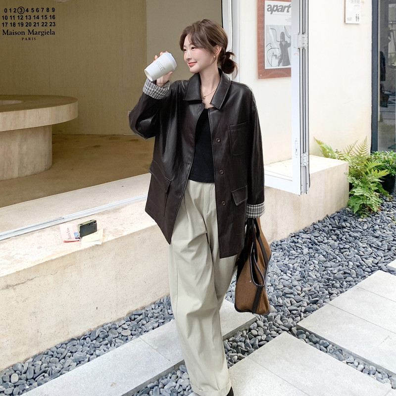 美式复古翻领棕色皮衣外套女春秋2025新款高级小众巨好看中长大衣,女装皮衣,2C036