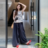 夏日甜美小套装女2025新款木耳边彩色碎花娃娃衫上衣阔腿裤两件套，女装套装/套裙，2C036