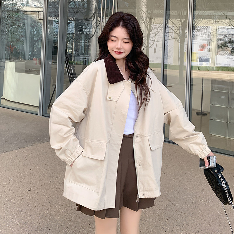 秋装新款奶油杏撞色领风衣外套RF2C036-F352-P150-K218,女装短外套,2C036