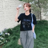 休闲减龄穿搭韩系chic黑色T恤套装女夏超火好看格子阔腿裤两件套，女装套装/套裙，2C036