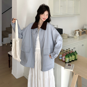 秋装新款 冰河蓝领子拼色风衣外套 RF2C036-F326-P150-K218图片