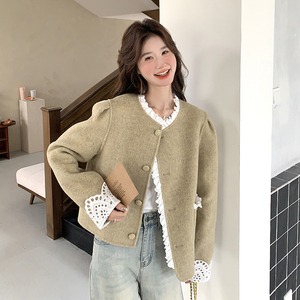 蕾丝拼接小香风毛呢外套女2025春季新款高级感超好看气质短款上衣图片
