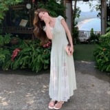 小清新薄荷绿蕾丝拼接仙女百搭连衣裙2025夏季法式掐腰a字大摆裙，女装连衣裙，2C036