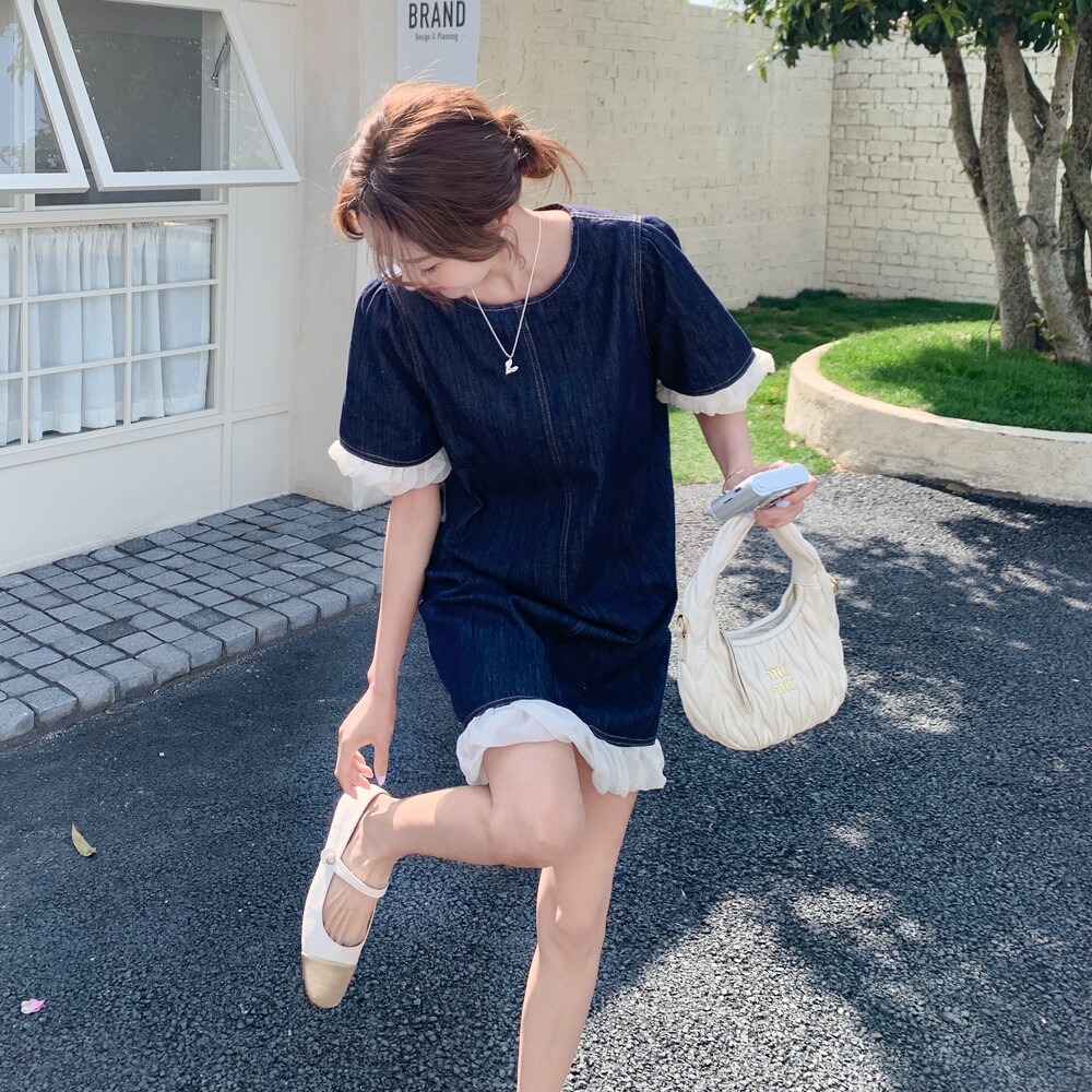 清清牛仔布白色花边连衣裙RF2C036-L392-P125-K188,女装连衣裙,2C036