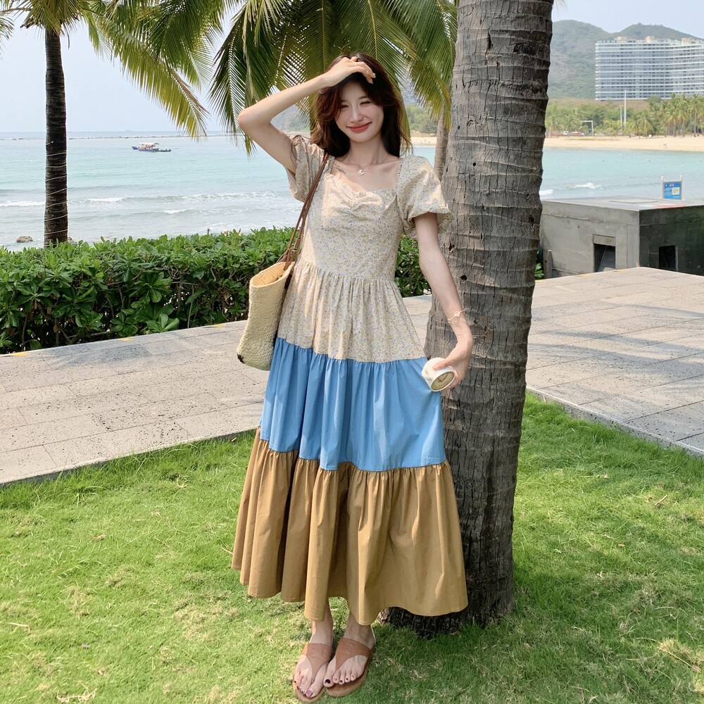 森系撞色拼接碎花连衣裙女2025夏季新款复古泡泡袖宽松减龄茶歇裙,女装连衣裙,2C036