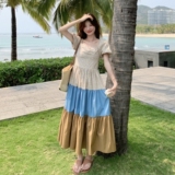 森系撞色拼接碎花连衣裙女2025夏季新款复古泡泡袖宽松减龄茶歇裙，女装连衣裙，2C036