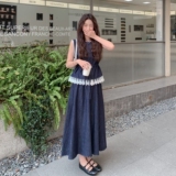 深蓝色甜美气质牛仔套装裙女夏新款轻薄蕾丝拼接背心半身裙两件套，女装套装/套裙，2C036