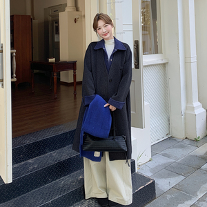 假两件拼接藏青色双面呢外套女2025冬季新款长款羊毛流行爆款大衣图片