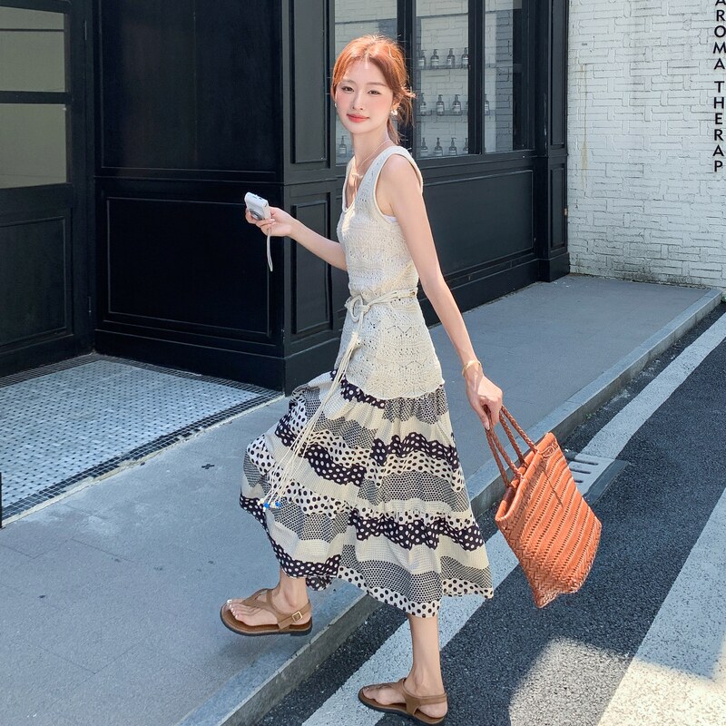 韩系气质镂空针织背心两件套女2025夏季慵懒风印花吊带裙淡人套装,女装套装/套裙,2C036