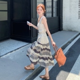韩系气质镂空针织背心两件套女2025夏季慵懒风印花吊带裙淡人套装，女装套装/套裙，2C036