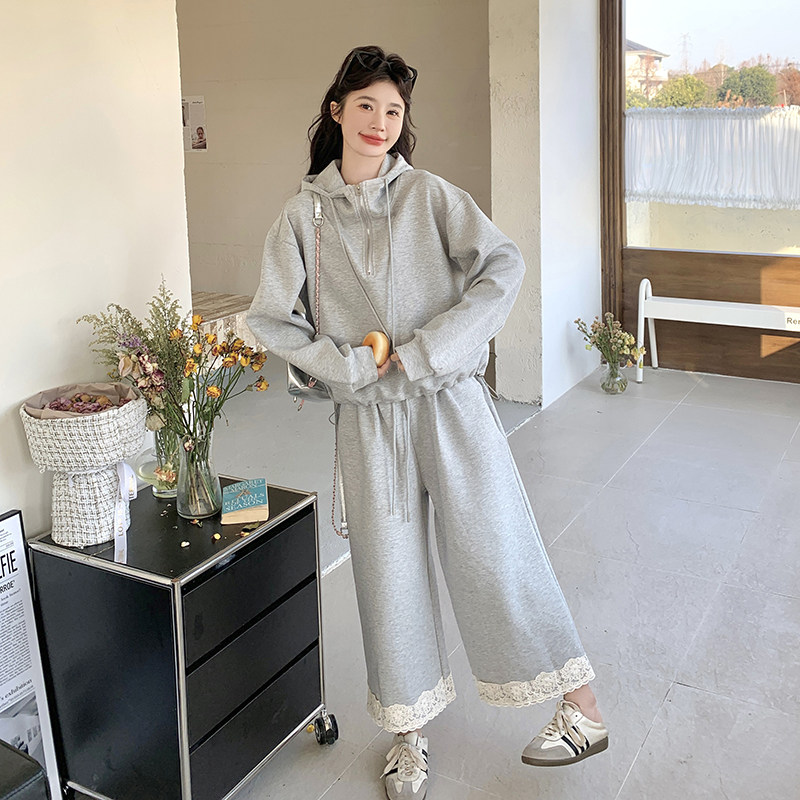 秋装可可云烟灰裤脚花边卫衣两件套RF2C036-T335-P160-K238，女装卫衣/绒衫，2C036