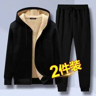 冬季羊羔绒加绒加厚休闲套装连帽卫衣男士大码宽松保暖开衫外套男