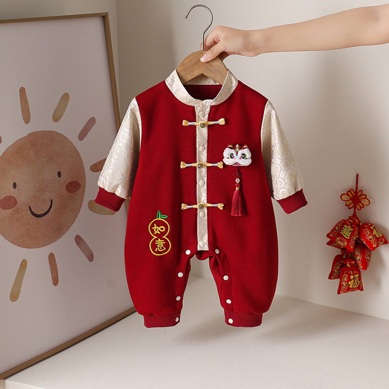 婴儿秋装中双层礼服连体衣百天宴周岁宝宝红色醒狮外出爬服