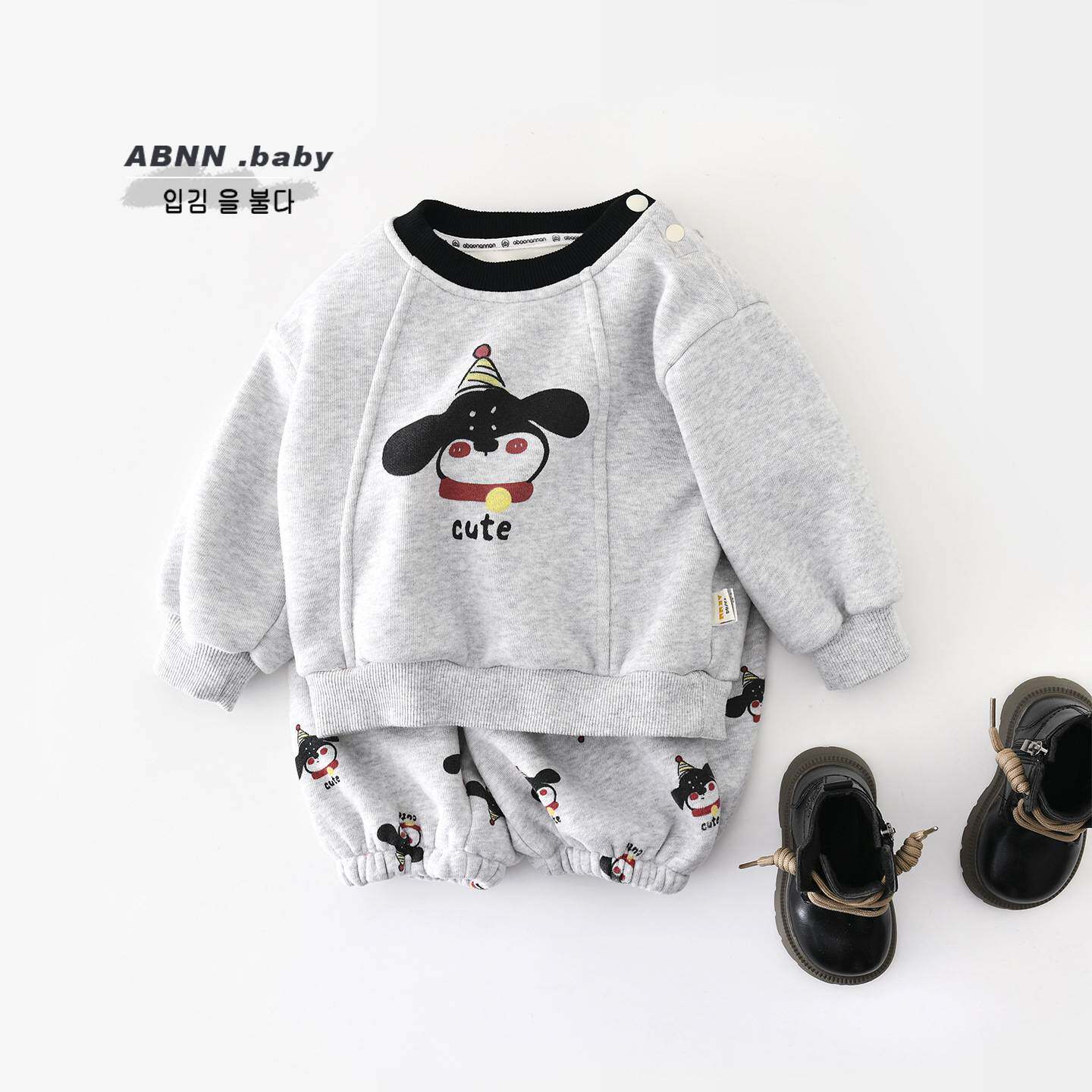 婴幼儿加绒卡通企鹅印花冬季套装