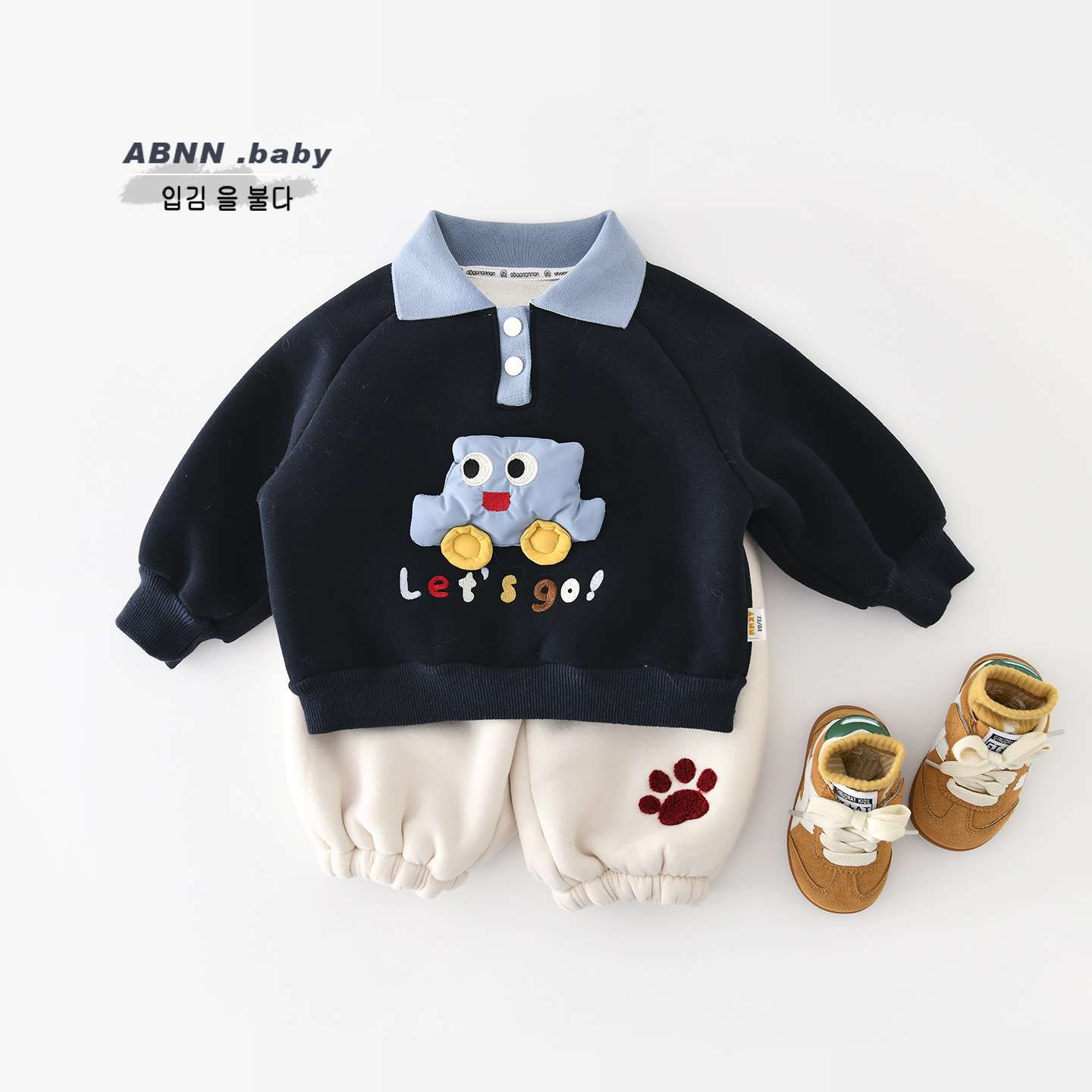 儿童冬装翻领加绒套头卫衣配加厚