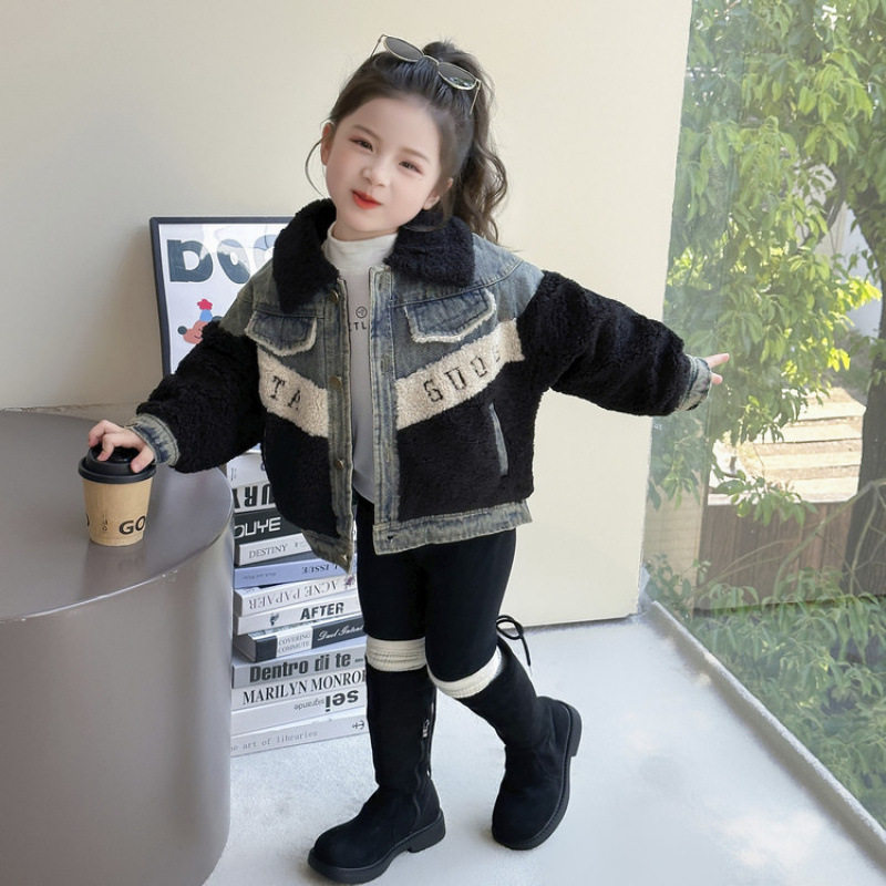 女童冬装加厚外套新款中小童炸街牛仔外套拼接儿童保暖棉服潮
