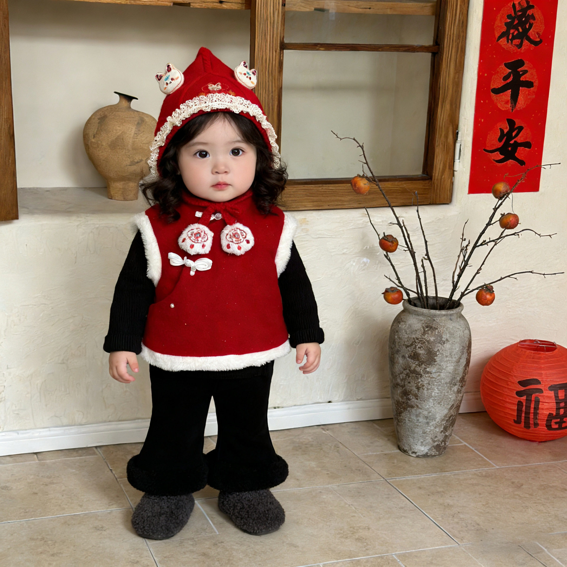女童拜年服套装新款洋气宝宝红色盘扣加绒马甲百搭打底衫裤子,童装/婴儿装/亲子装,马甲,淘宝优惠券,粉丝福利购,淘宝优惠卷