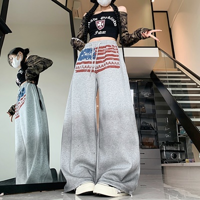 运动裤女2025新款美式渐变旗帜印花抽绳宽松慵垂感拖地加绒裤