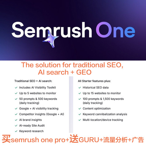 semrush one pro+传统seo + AI搜索 +GEO关键词外链分析seo工具