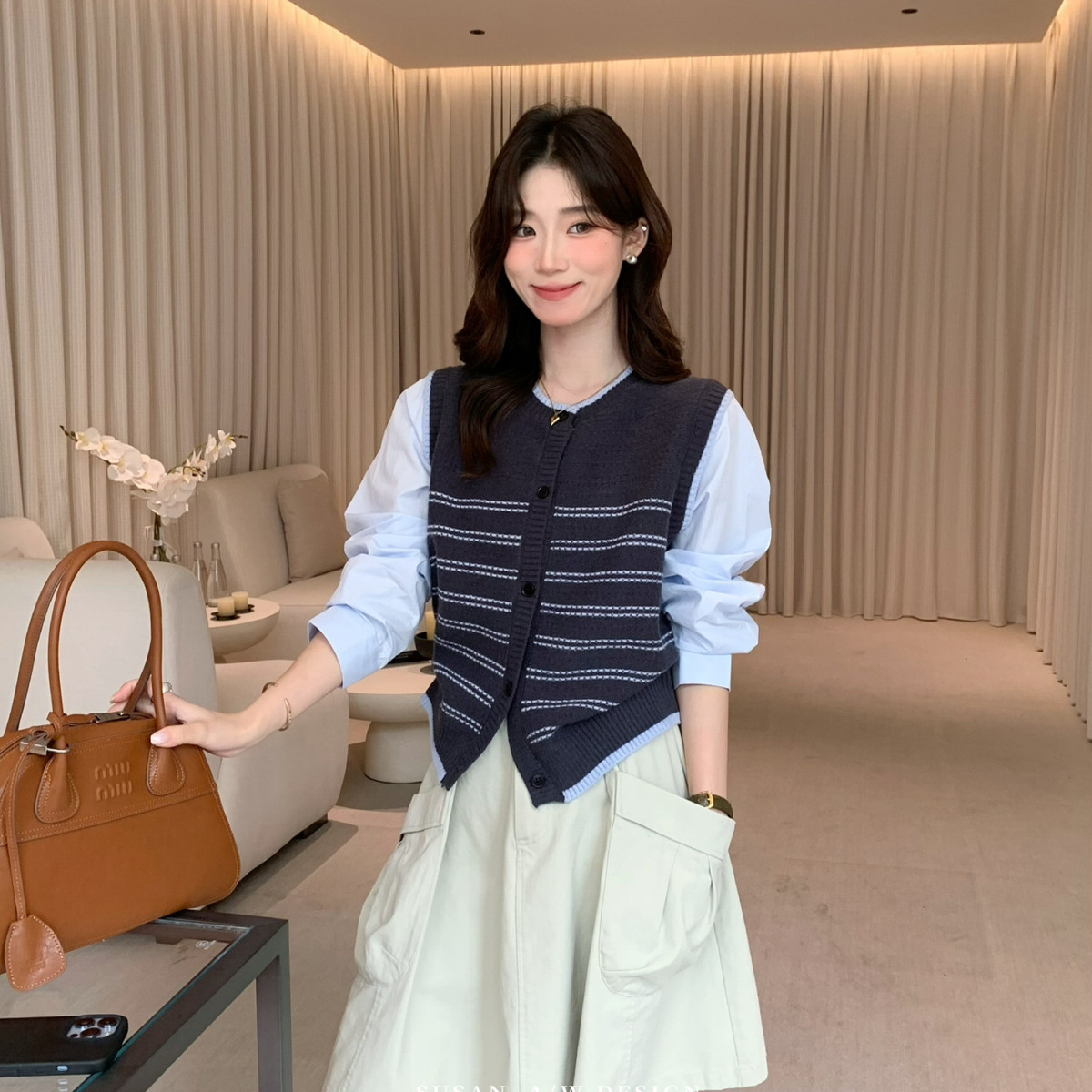 SUSAN-韩系撞色条纹懒人叠穿假两件长袖保暖毛衣其，时尚上衣6289