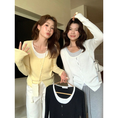 柠檬绿茶-温柔奶油色系假两件针织衫(含6羊毛)00-8109