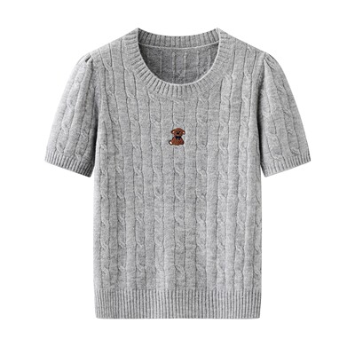 【SMVP】绞花针织衫刺绣圆领短袖毛衫套头上衣女CME-MM26270