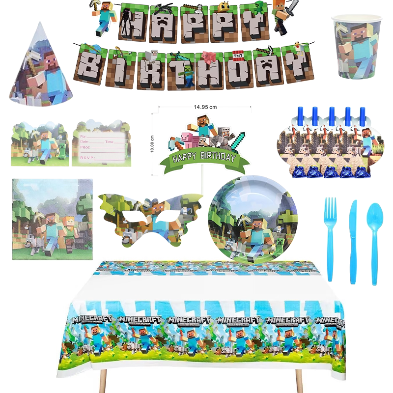 适用我的世界主题像素大战生日派对装饰场景布置桌布纸杯盘帽袋子