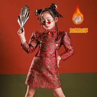 中国风儿童旗袍裙子冬季加厚新中式国潮女童走秀礼服古筝演出服装