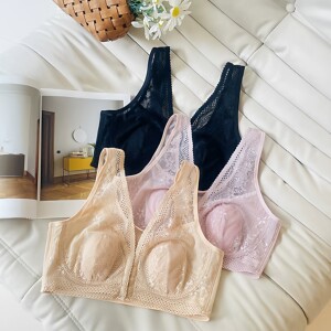 前扣大码后背网纱薄款女士文胸大胸显小收副乳大胸蕾丝女士内衣