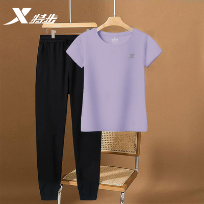 特步运动套装女夏装官网旗舰短袖t恤长裤女生健身跑步紫色两件套