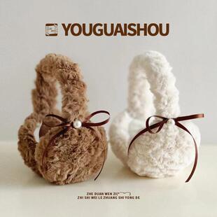 蝴蝶结绑带保暖耳罩小珍珠装饰可爱耳包骑车防寒护耳朵毛绒耳套女