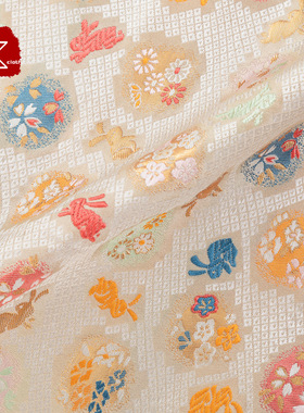 玉兔织锦缎日本和风布料西阵织金襕织物金丝织花纹兔年服面E18