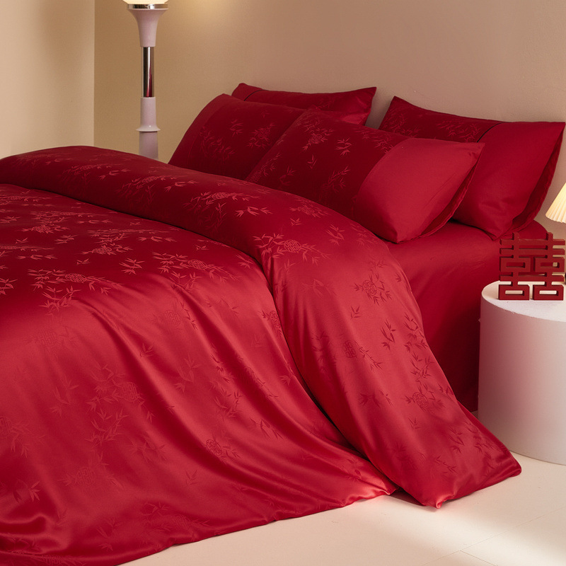 轻奢中式长绒棉红色提花结婚陪嫁四件套婚房婚庆床单婚嫁床品包邮
