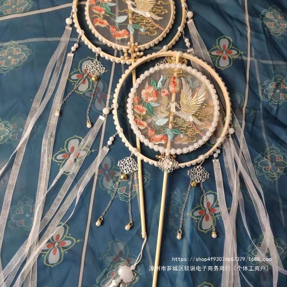 新品重工云之鹤古风双框团扇刺绣长柄竹扇带流苏飘带扇坠扇子包邮