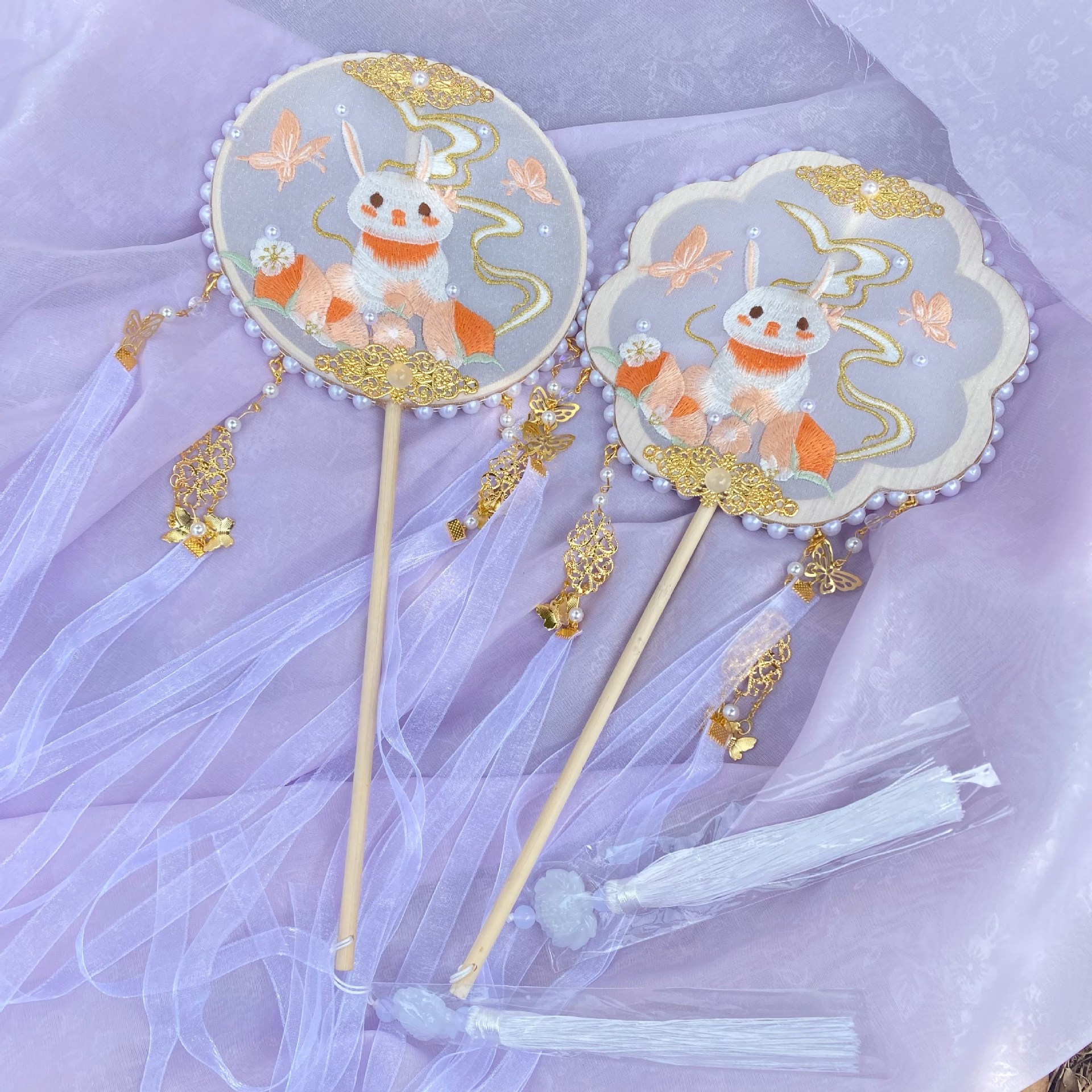 儿童古风汉服团扇宫扇绣花扇子女式掌扇走秀拍摄跳舞蹈扇长柄秦之