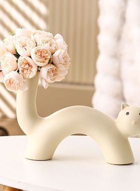 新款ins奶油风陶瓷花瓶可爱猫咪花瓶插花仿真花器客厅桌面小摆件