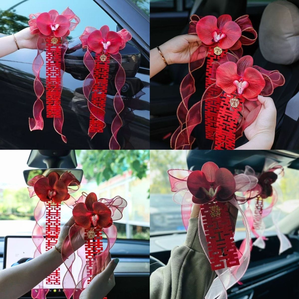 婚车装饰拉花车队吸盘结婚仿真花婚庆点缀蝴蝶兰把手后视镜婚礼
