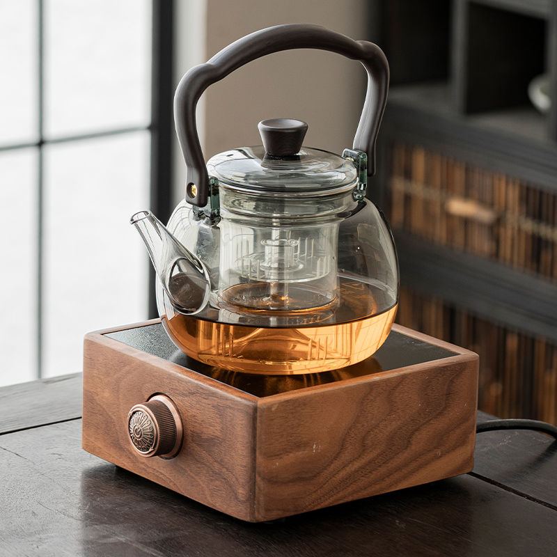 电陶炉胡桃木方炉围炉煮茶家用养生蒸煮花茶玻璃茶壶茶杯器具套装