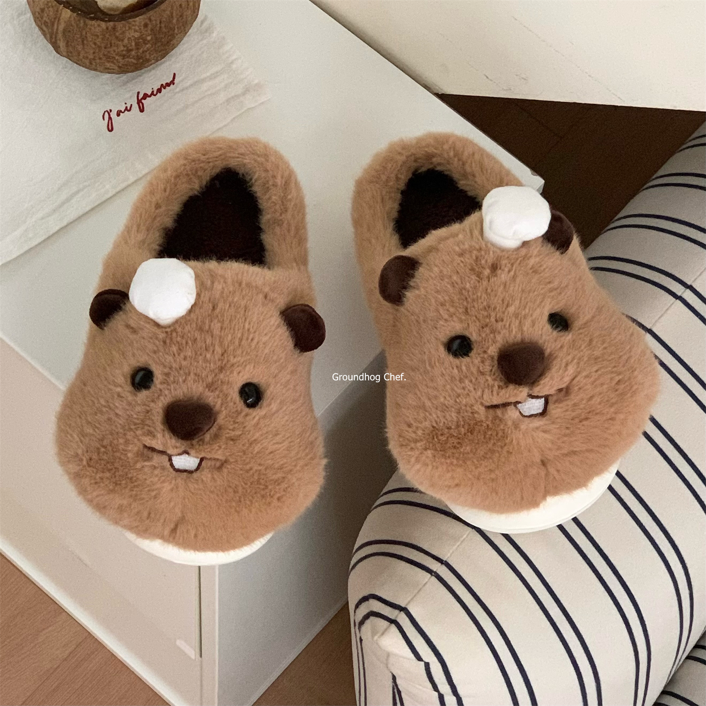 厨师帽土拨鼠棉拖鞋男女ins可爱