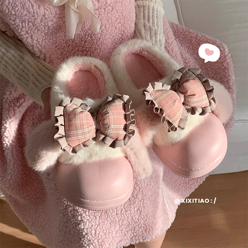 可爱兔耳朵软萌Lolita棉拖鞋女冬季保暖防滑少女心居家外穿毛毛鞋