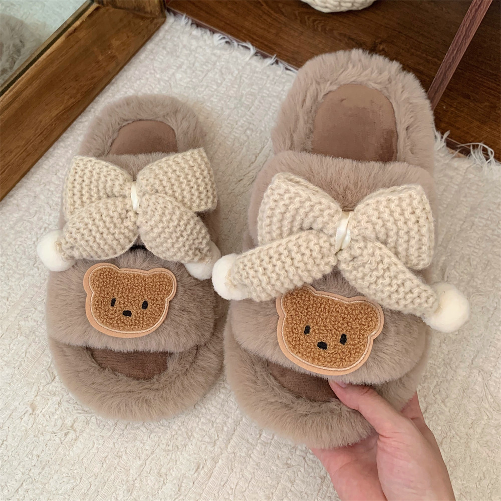 保暖网红秋冬外穿毛毛拖鞋呆萌可爱小熊新款甜美蝴蝶结棉拖鞋女士